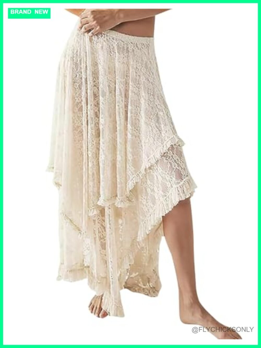 Lace High Low Asymmetrical Maxi Skirt Elastic Waist Sheer Flowy Beach